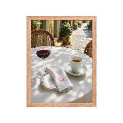 Framed sunlit café terrace print with red wine and espresso, ready to hang wall art, JMTR Jeometry Store