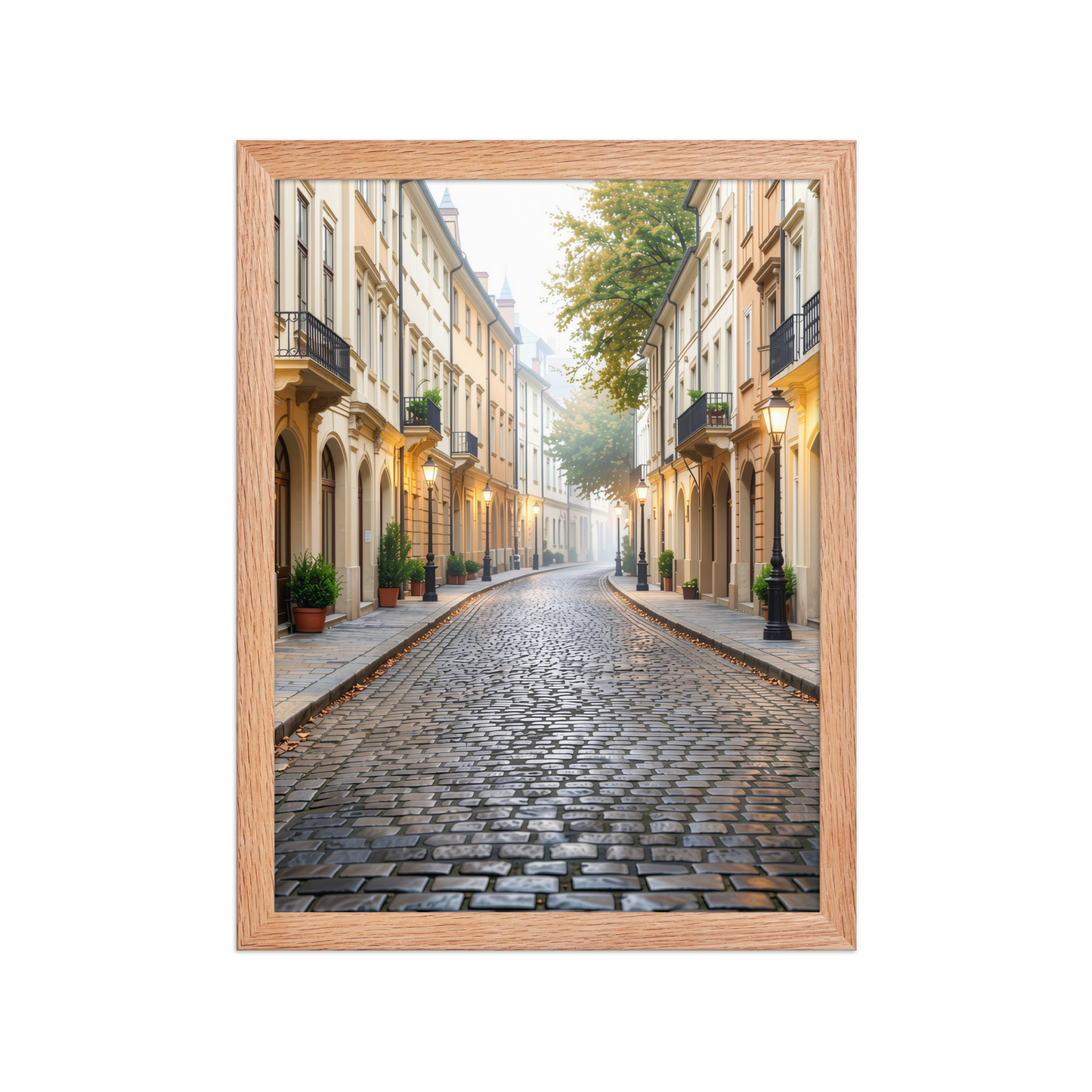 Framed European cobblestone street wall art, calm aesthetic old town morning fog poster, black frame, JMTR Jeometry Store