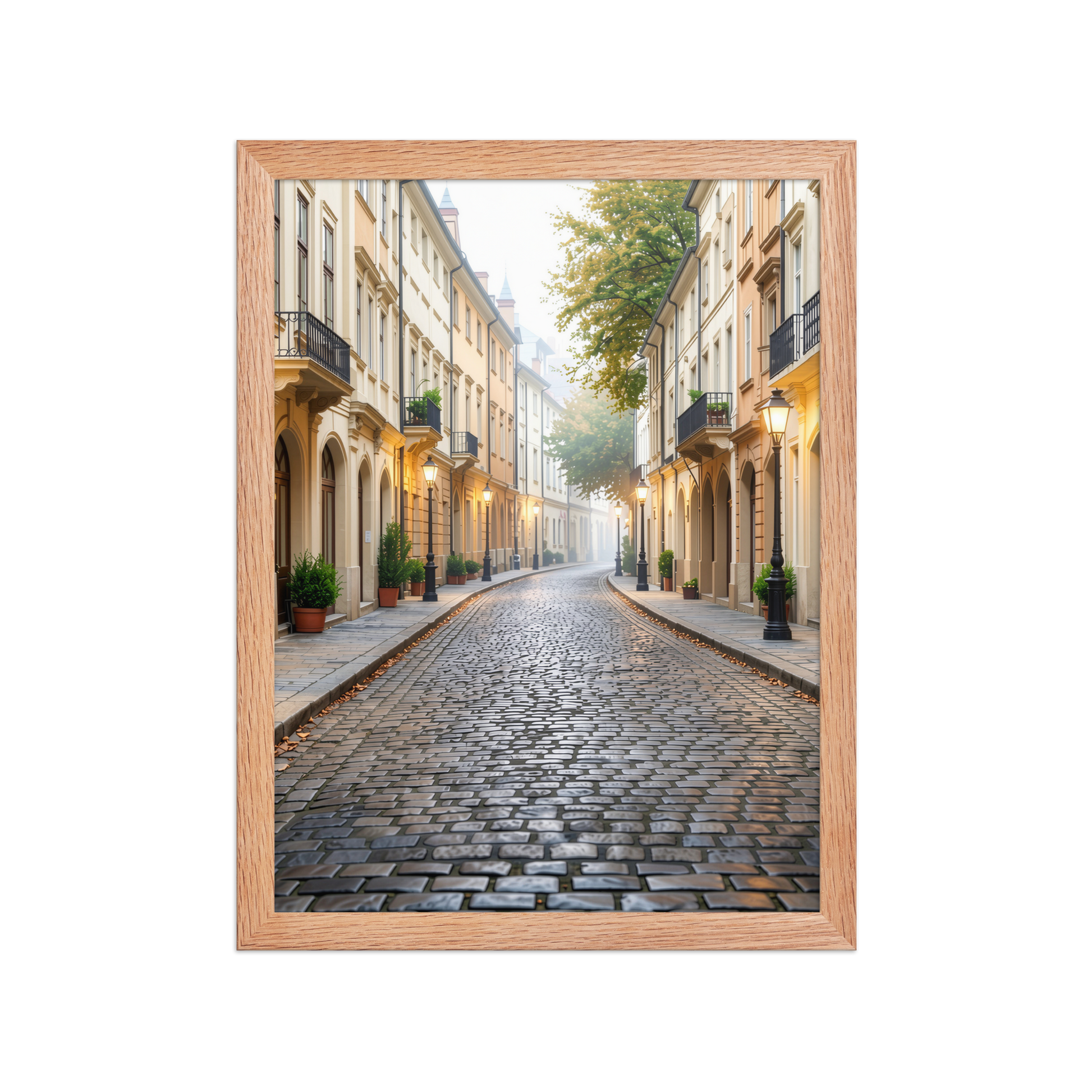 Framed European cobblestone street wall art, calm aesthetic old town morning fog poster, black frame, JMTR Jeometry Store