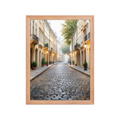 Framed European cobblestone street wall art, calm aesthetic old town morning fog poster, black frame, JMTR Jeometry Store