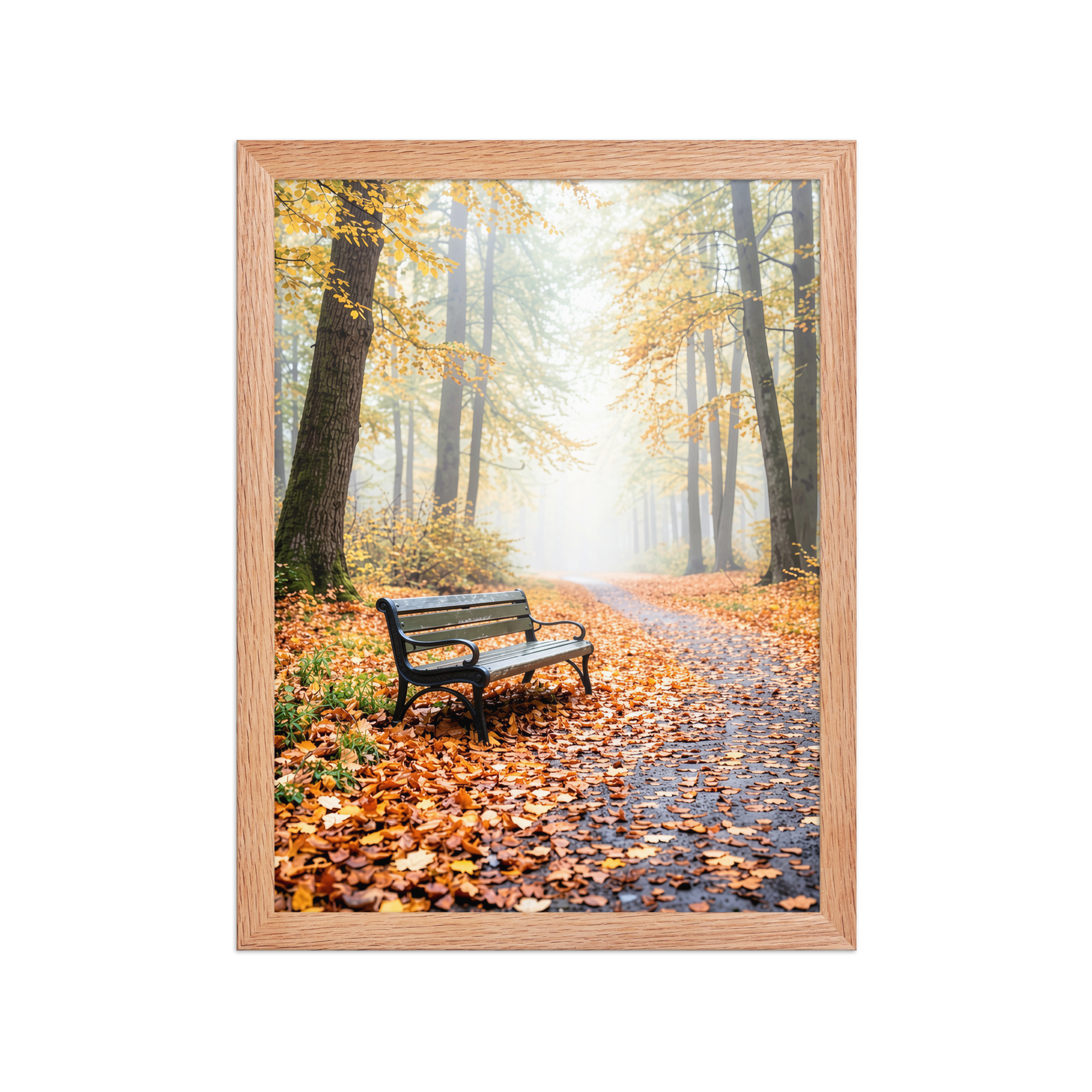 Framed autumn park bench wall art, foggy forest path fall leaves calm aesthetic poster, black frame, JMTR Jeometry Store