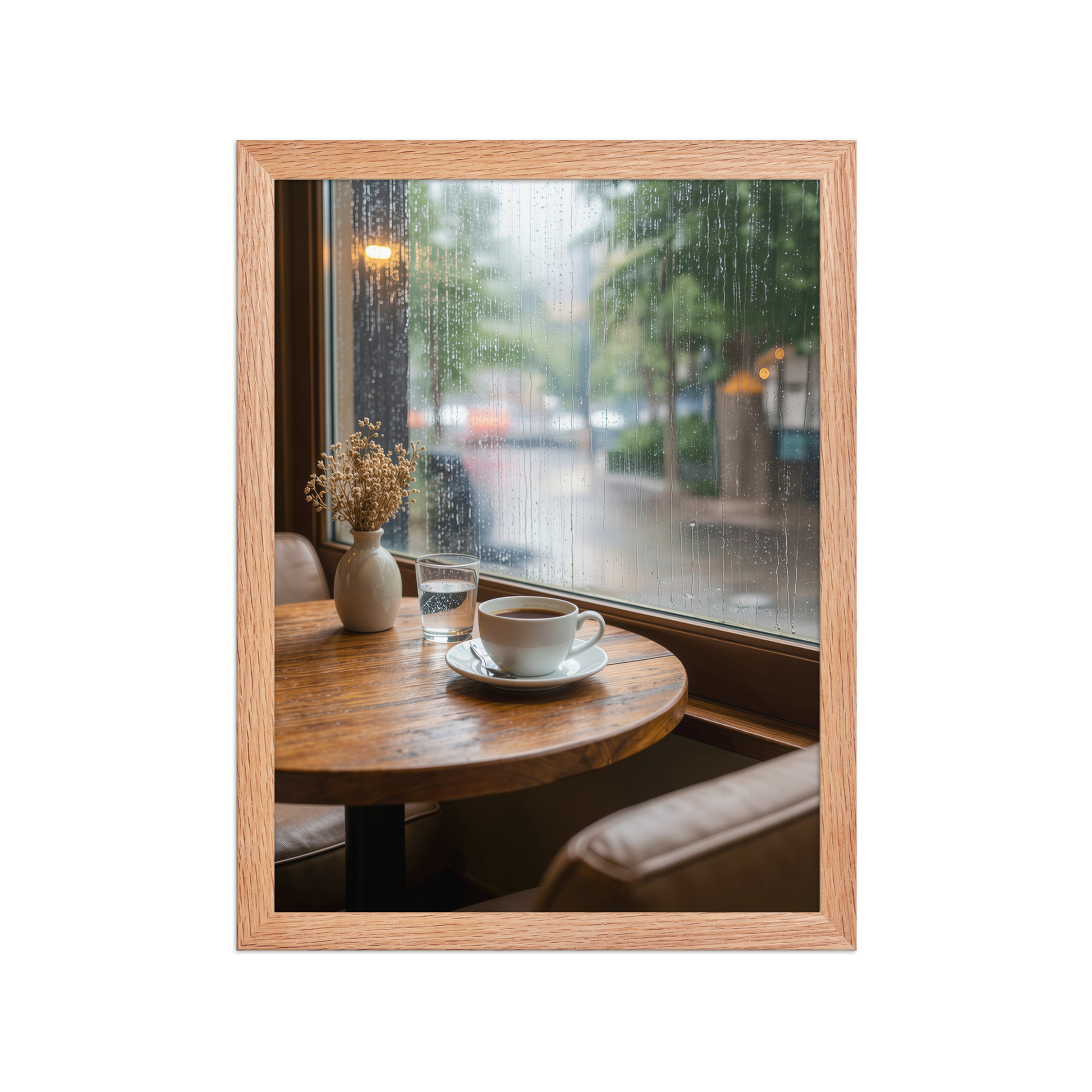 Framed rainy day cafe wall art, coffee cup by rain window calm aesthetic poster, black frame, JMTR Jeometry Store