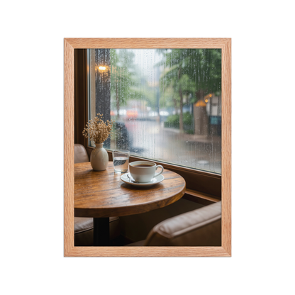 Framed rainy day cafe wall art, coffee cup by rain window calm aesthetic poster, black frame, JMTR Jeometry Store