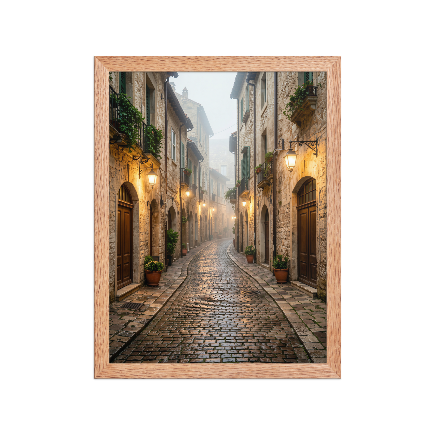 Framed Italian village cobblestone street wall art, warm lanterns foggy alley calm aesthetic poster, black frame, JMTR Jeometry Store