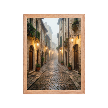 Framed Italian village cobblestone street wall art, warm lanterns foggy alley calm aesthetic poster, black frame, JMTR Jeometry Store