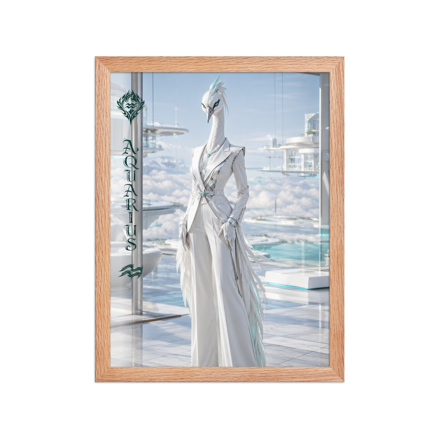 Framed Aquarius woman zodiac poster featuring a white crane standing above the clouds in a futuristic celestial city