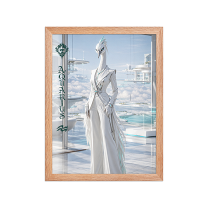 Framed Aquarius woman zodiac poster featuring a white crane standing above the clouds in a futuristic celestial city
