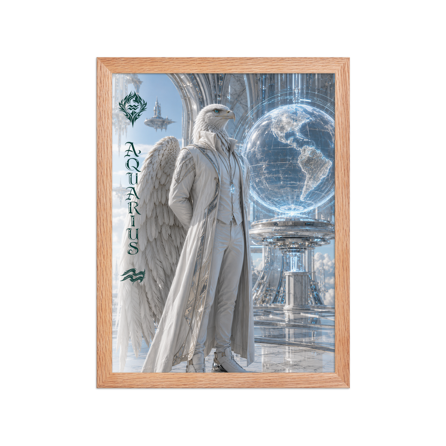 Framed Aquarius man zodiac poster featuring a white eagle standing before a glowing world in a futuristic celestial city