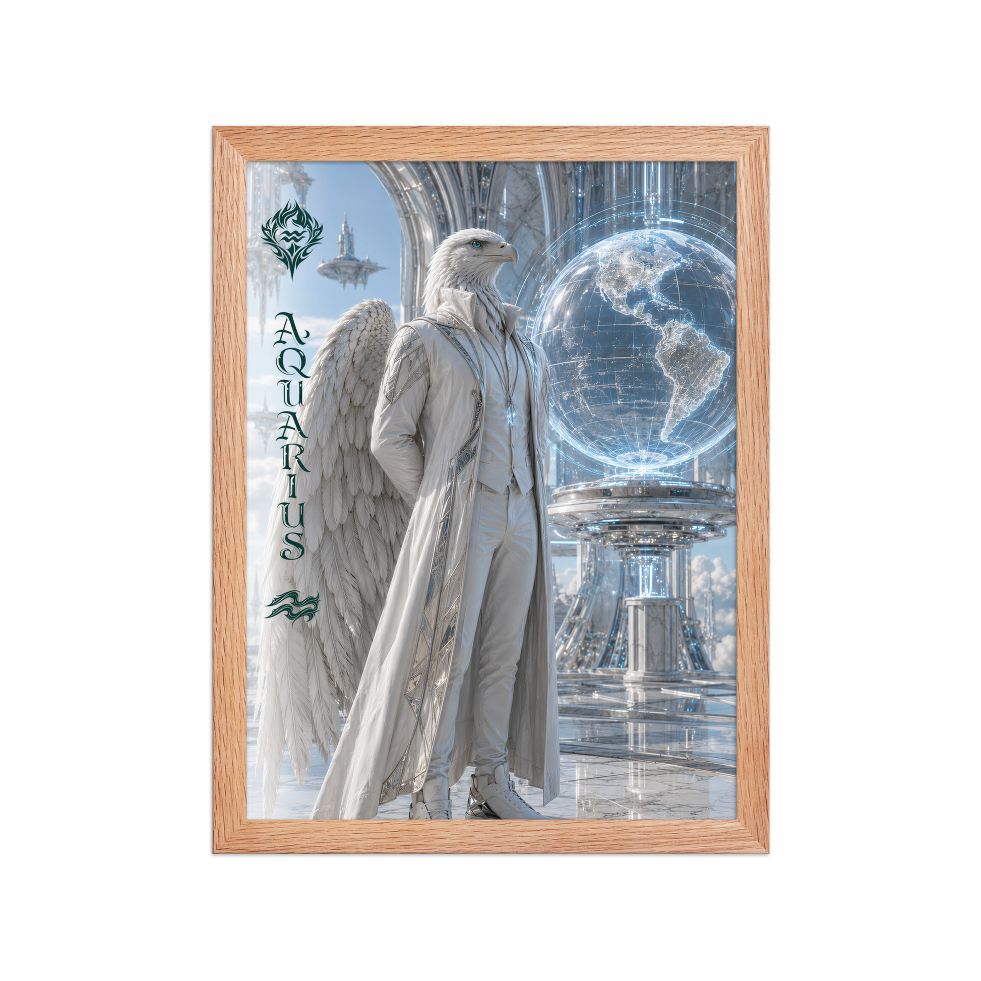 Framed Aquarius man zodiac poster featuring a white eagle standing before a glowing world in a futuristic celestial city