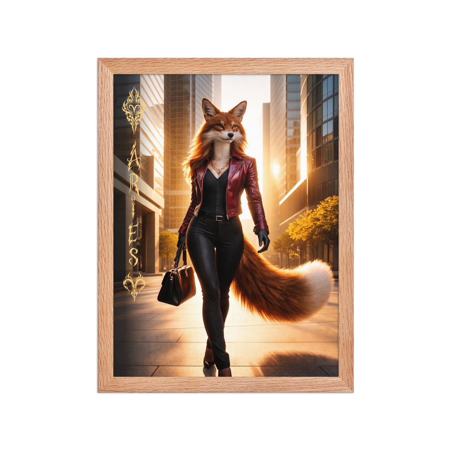 Framed Aries fox woman zodiac poster walking through a modern city at sunset