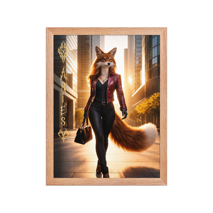 Framed Aries fox woman zodiac poster walking through a modern city at sunset