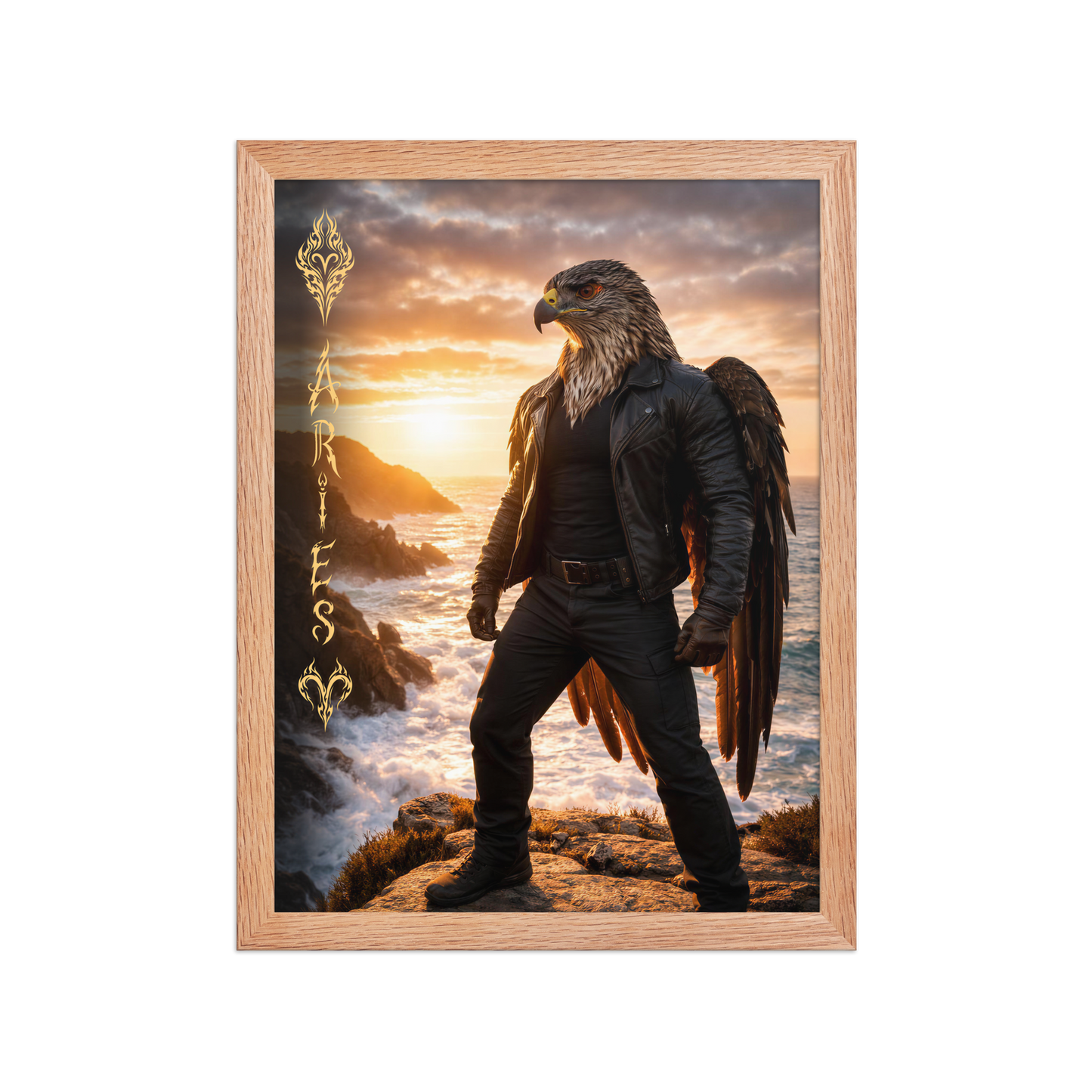 Framed Aries man poster featuring a powerful eagle figure standing above ocean cliffs at sunset, symbolizing strength, courage, and leadership.