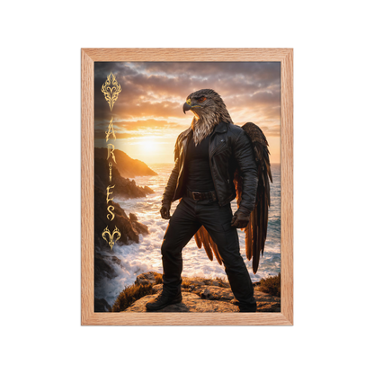 Framed Aries man poster featuring a powerful eagle figure standing above ocean cliffs at sunset, symbolizing strength, courage, and leadership.
