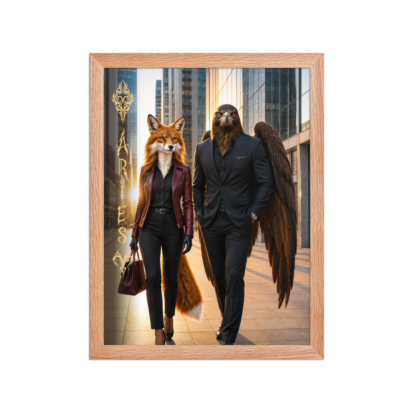 Framed Aries power couple poster featuring eagle and fox archetypes walking through a modern city, symbolizing strength, ambition, and partnership.