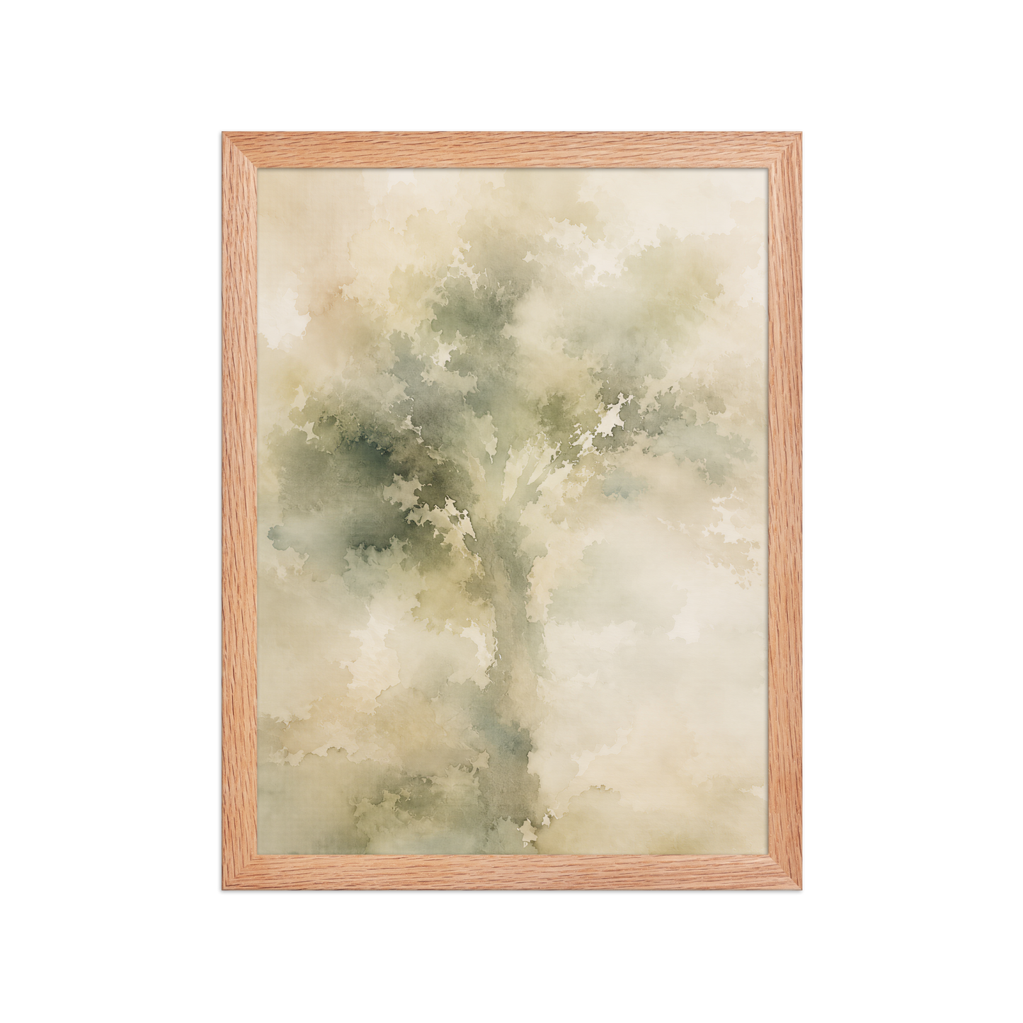 Framed minimalist nature poster featuring a softly emerging tree form in muted green and warm neutral tones.