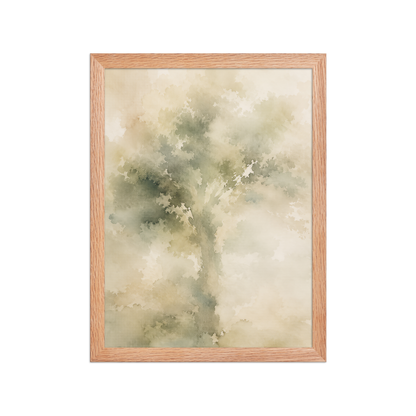 Framed minimalist nature poster featuring a softly emerging tree form in muted green and warm neutral tones.