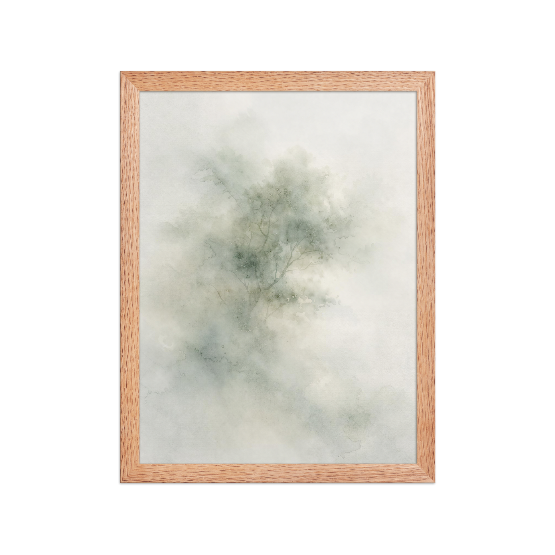 Framed minimalist watercolor-inspired artwork with a softly emerging tree form and subtle neutral tones.