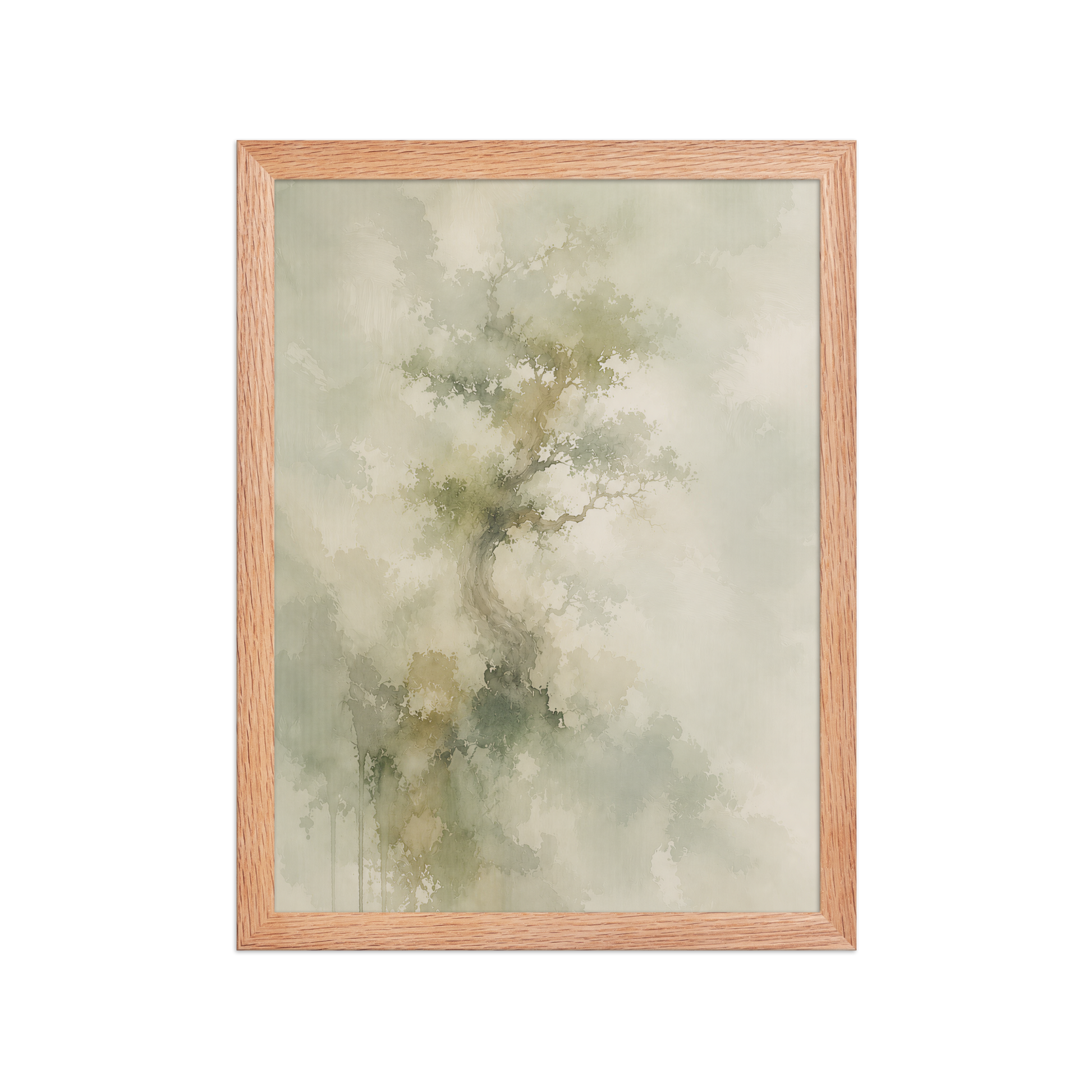 Framed minimalist nature-inspired poster featuring a softly emerging tree form in muted neutral tones and organic watercolor textures.