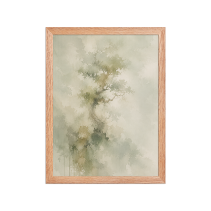 Framed minimalist nature-inspired poster featuring a softly emerging tree form in muted neutral tones and organic watercolor textures.