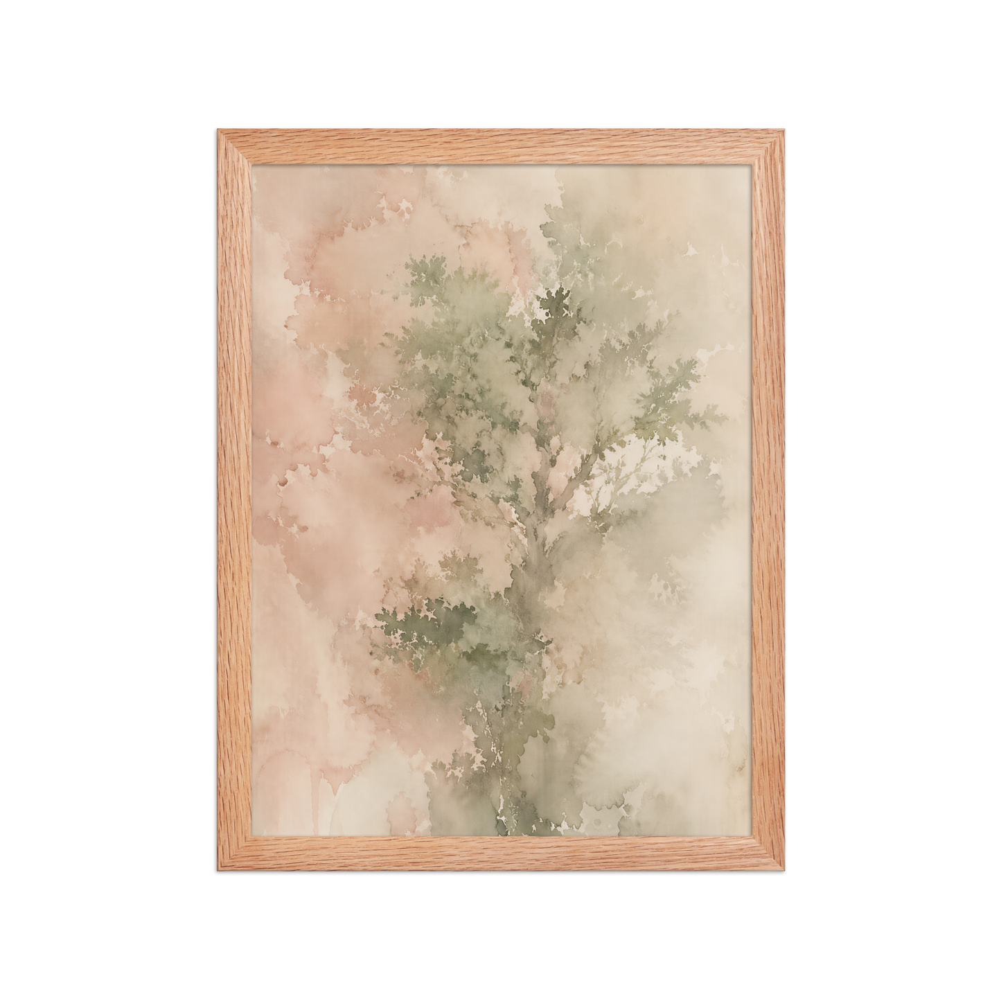 Framed minimalist nature-inspired poster featuring a softly emerging tree form in blush, sage, and warm neutral tones.