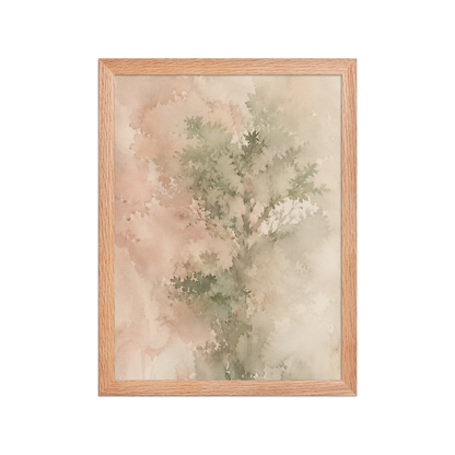 Framed minimalist nature-inspired poster featuring a softly emerging tree form in blush, sage, and warm neutral tones.
