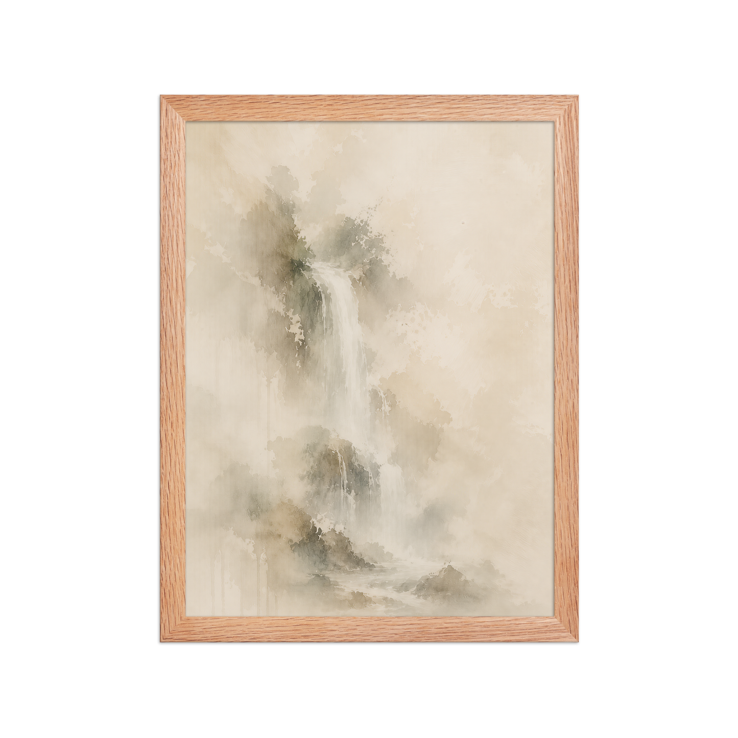 Framed waterfall-inspired poster featuring soft flowing forms in warm neutral and muted earth tones.