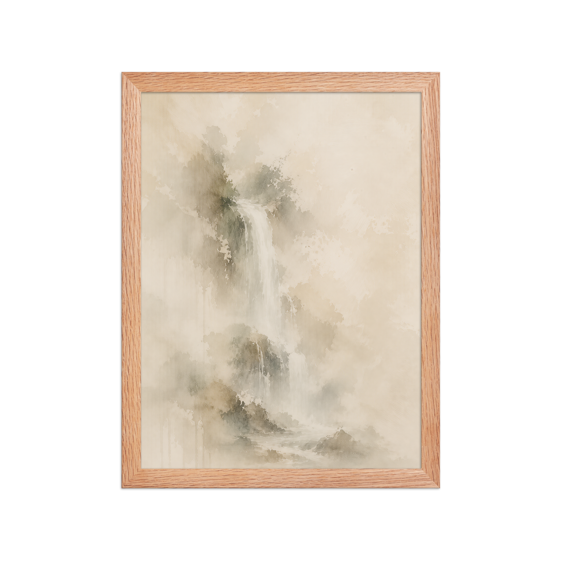 Framed waterfall-inspired poster featuring soft flowing forms in warm neutral and muted earth tones.