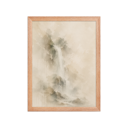 Framed waterfall-inspired poster featuring soft flowing forms in warm neutral and muted earth tones.