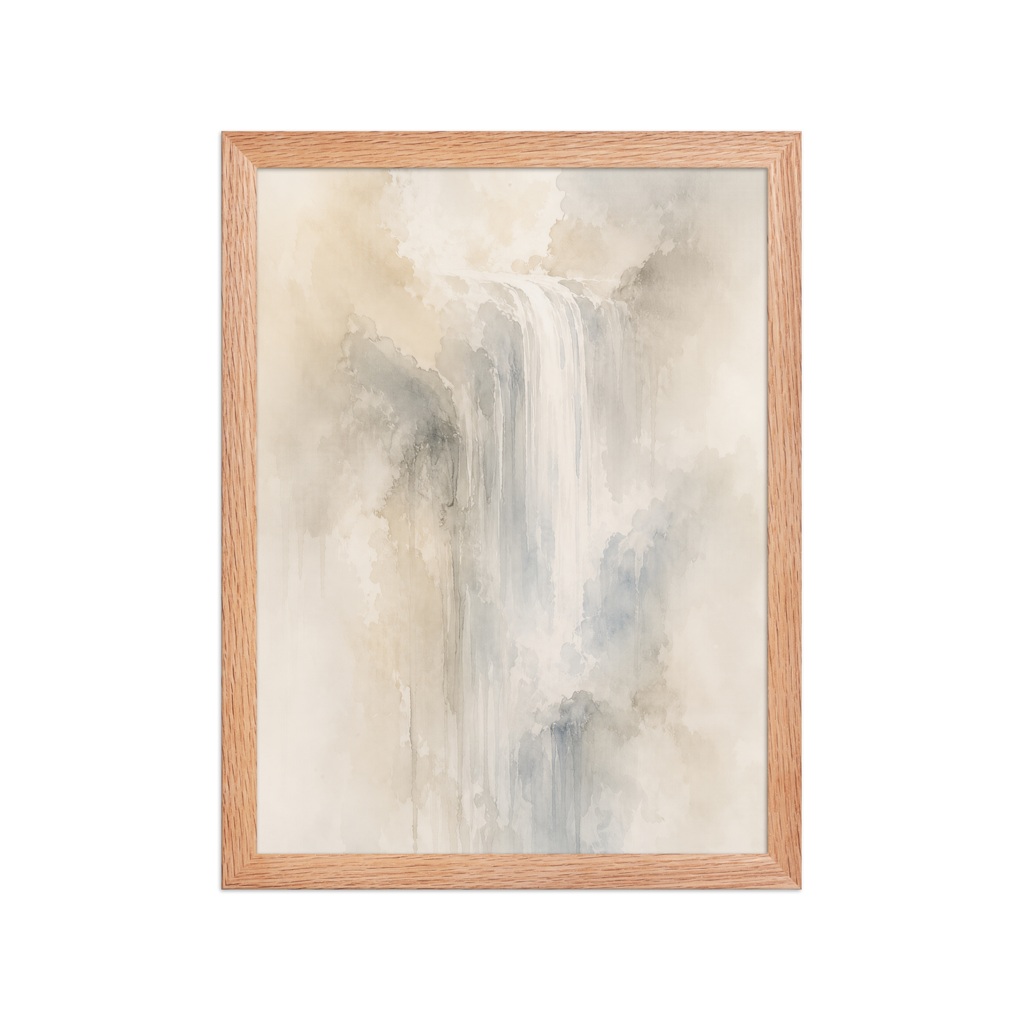 Framed waterfall-inspired poster with soft flowing forms in warm neutrals, misty blues, and subtle organic textures.