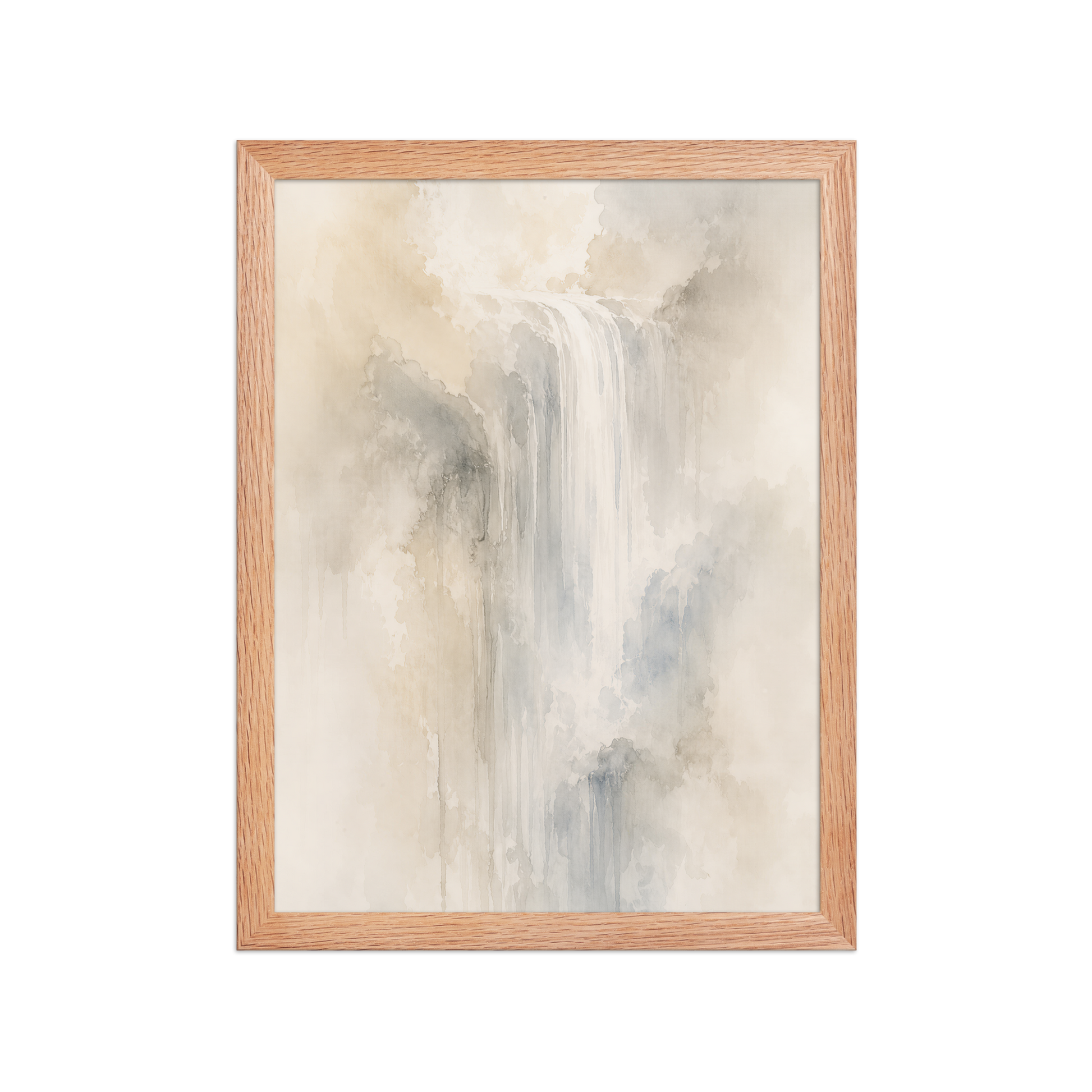 Framed waterfall-inspired poster with soft flowing forms in warm neutrals, misty blues, and subtle organic textures.