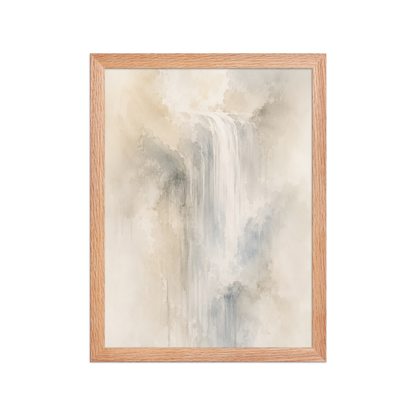 Framed waterfall-inspired poster with soft flowing forms in warm neutrals, misty blues, and subtle organic textures.