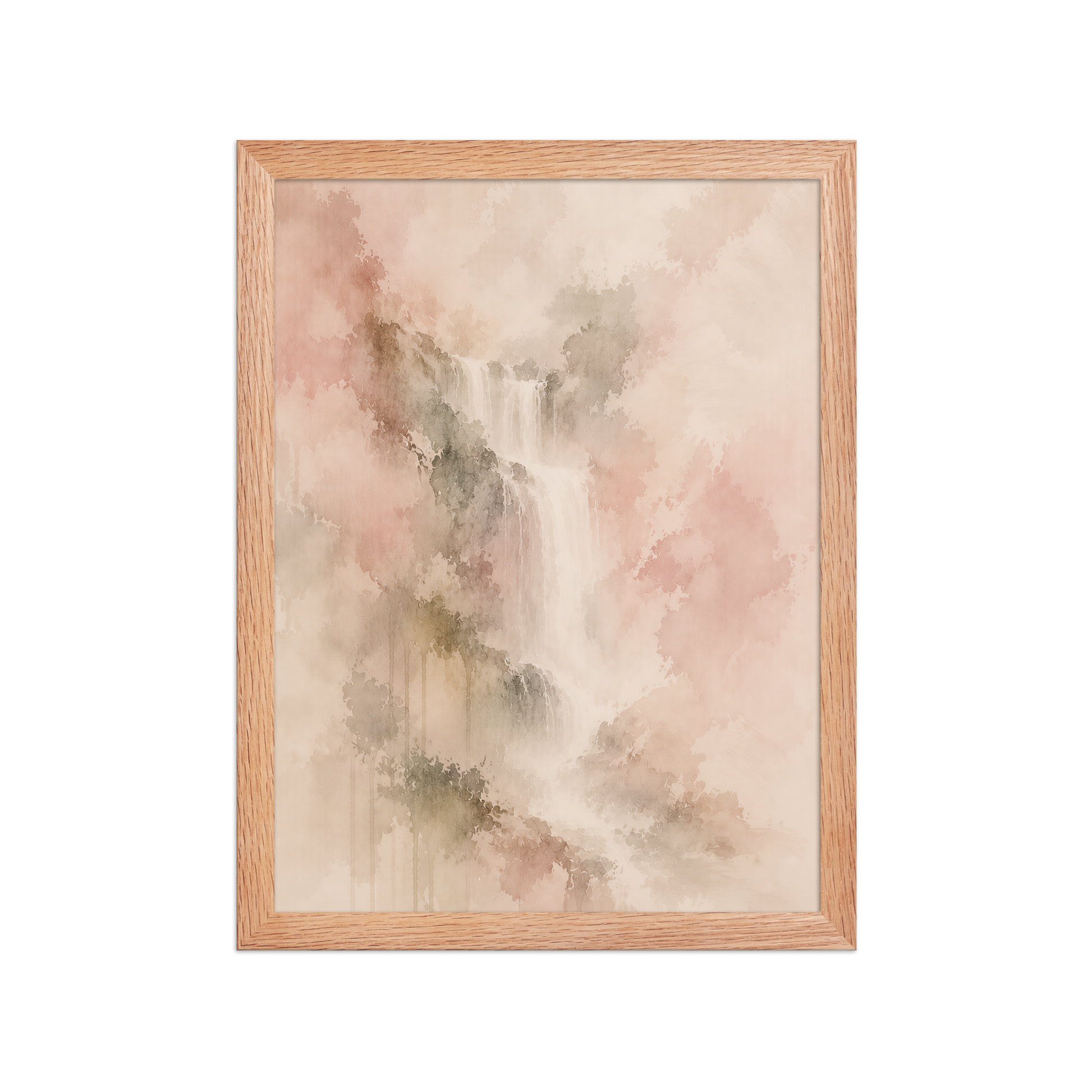 Framed waterfall-inspired poster featuring soft flowing forms in blush, warm neutral, and muted earth tones.