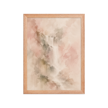 Framed waterfall-inspired poster featuring soft flowing forms in blush, warm neutral, and muted earth tones.