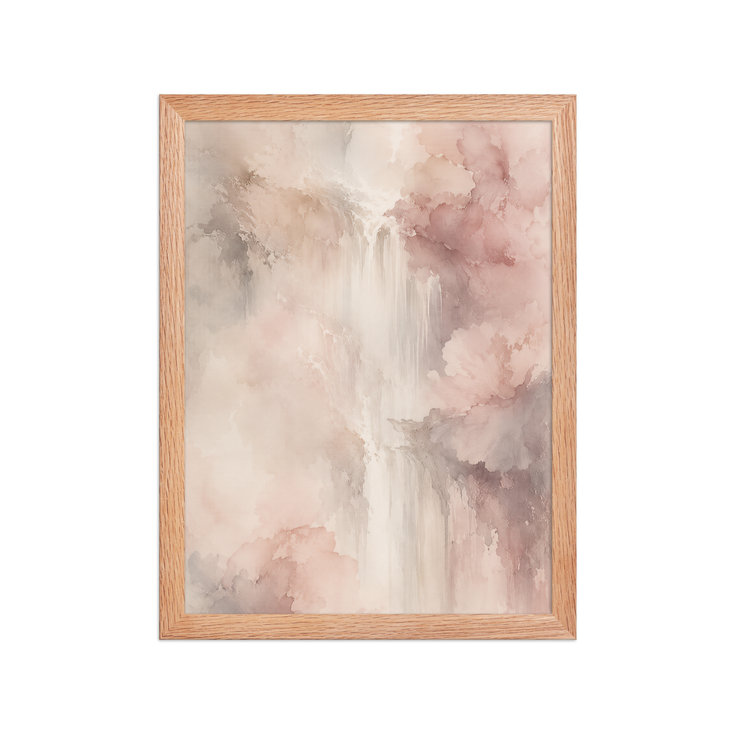 Framed waterfall-inspired poster featuring soft flowing forms in blush pink, warm neutrals, and muted earth tones.