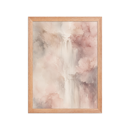 Framed waterfall-inspired poster featuring soft flowing forms in blush pink, warm neutrals, and muted earth tones.