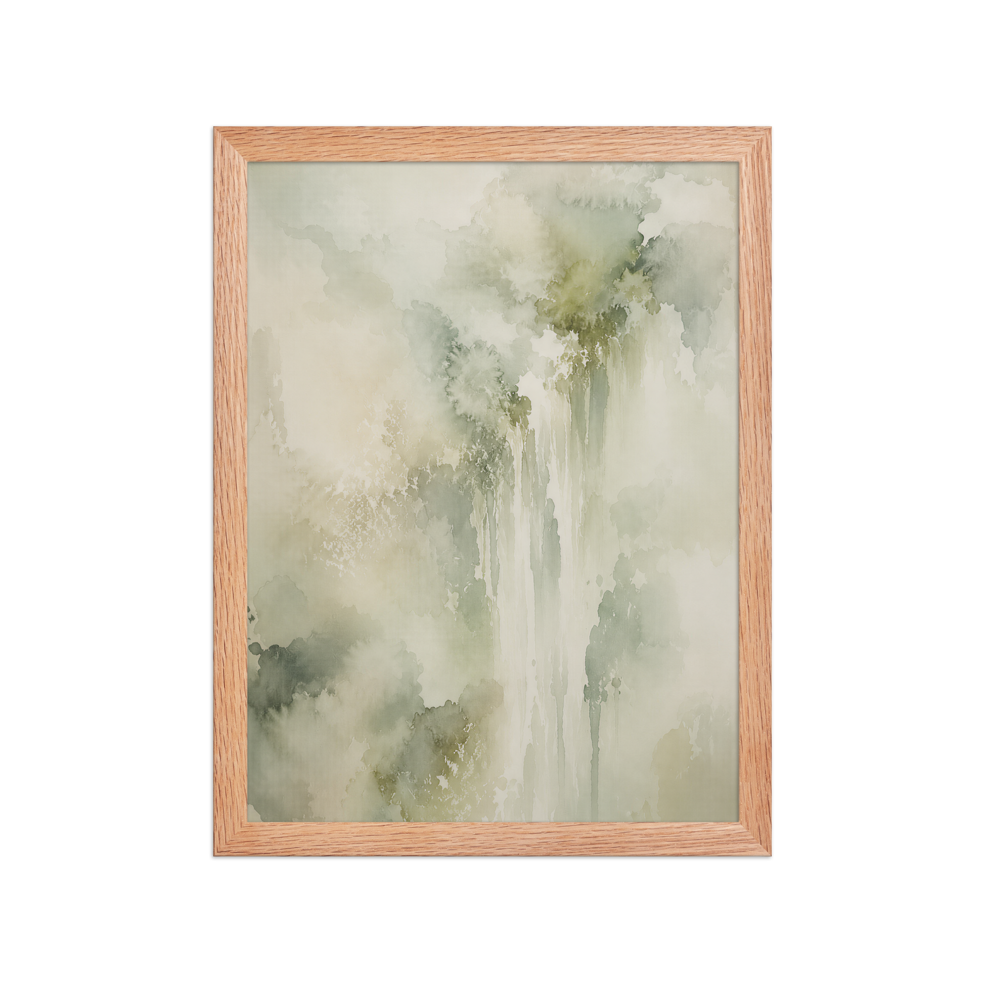 Framed waterfall-inspired poster featuring soft flowing forms in sage green, warm neutrals, and muted natural tones.