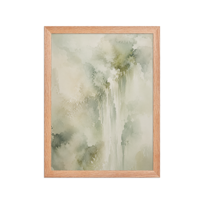 Framed waterfall-inspired poster featuring soft flowing forms in sage green, warm neutrals, and muted natural tones.