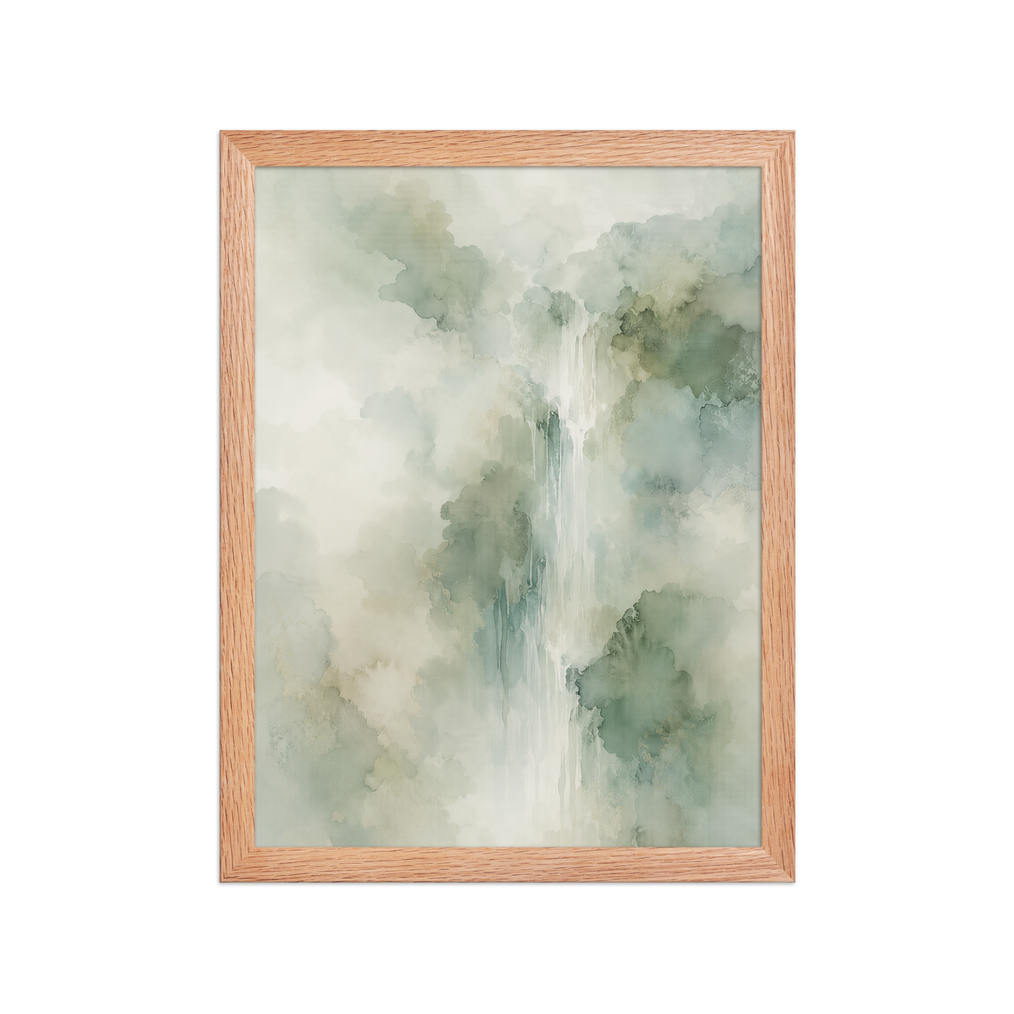 Framed waterfall-inspired poster with soft sage green tones, flowing water, and organic watercolor textures.