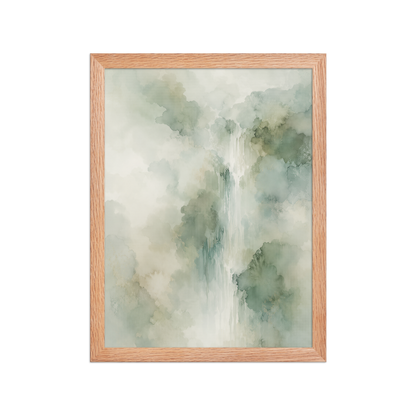 Framed waterfall-inspired poster with soft sage green tones, flowing water, and organic watercolor textures.