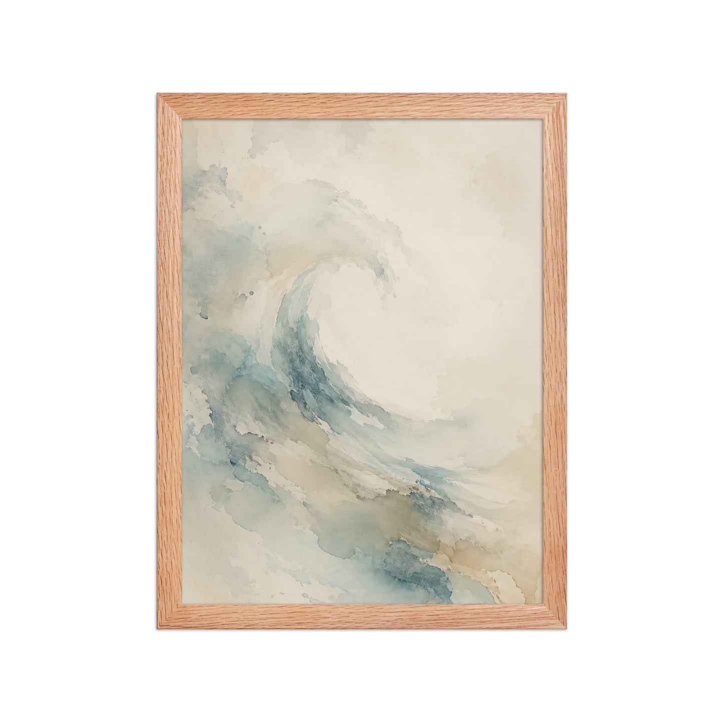 Framed ocean wave-inspired poster with flowing watercolor textures in soft blue, sand, and warm neutral tones.