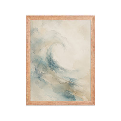 Framed ocean wave-inspired poster with flowing watercolor textures in soft blue, sand, and warm neutral tones.