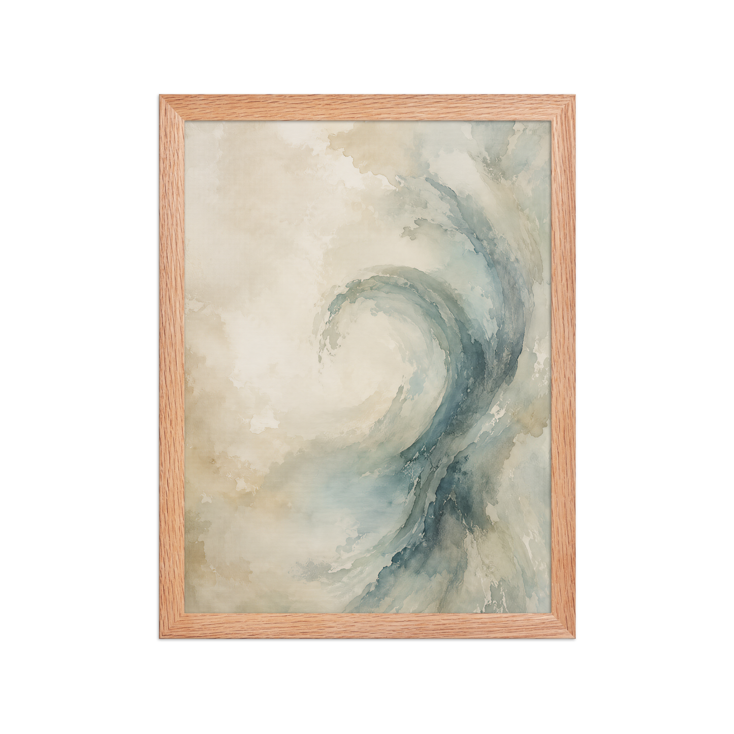 Framed ocean wave-inspired poster with flowing watercolor textures in soft blue, ivory, and warm neutral tones.