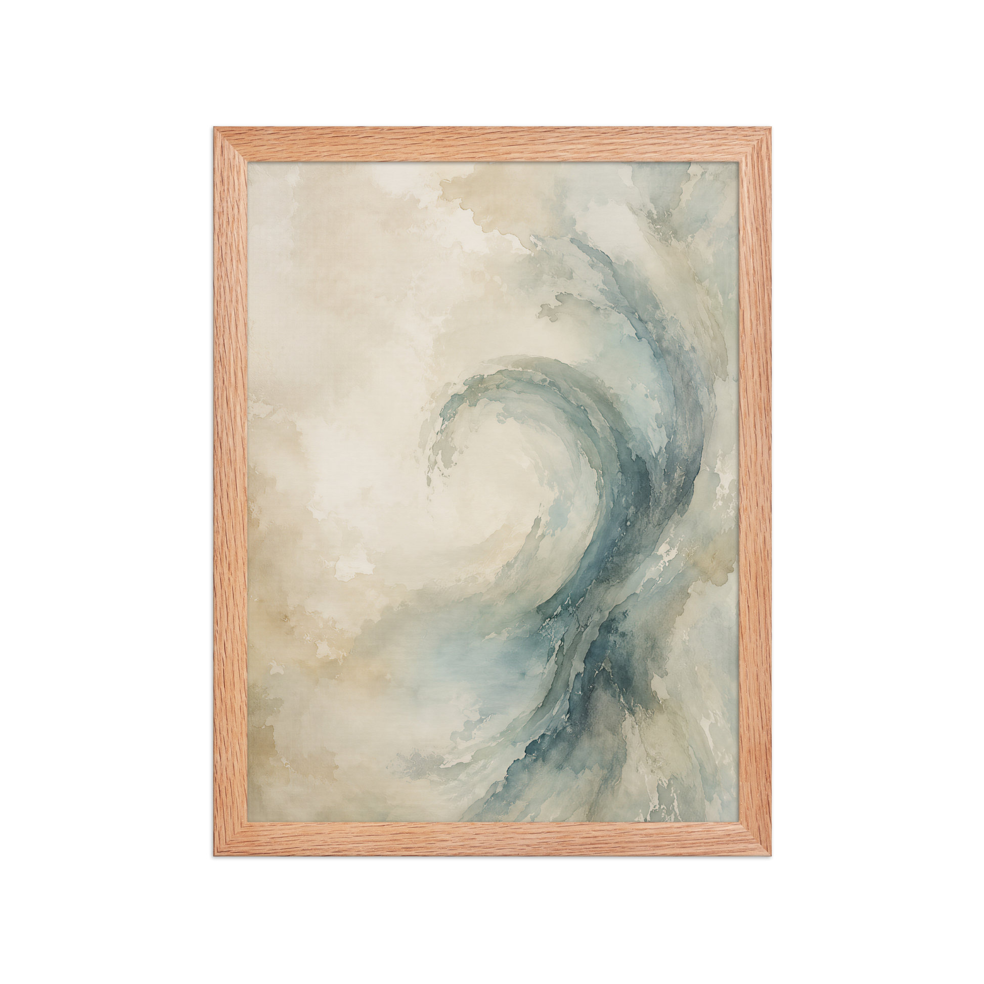 Framed ocean wave-inspired poster with flowing watercolor textures in soft blue, ivory, and warm neutral tones.