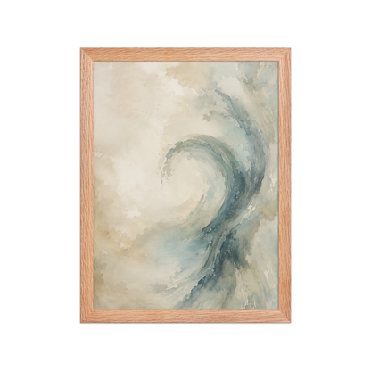 Framed ocean wave-inspired poster with flowing watercolor textures in soft blue, ivory, and warm neutral tones.