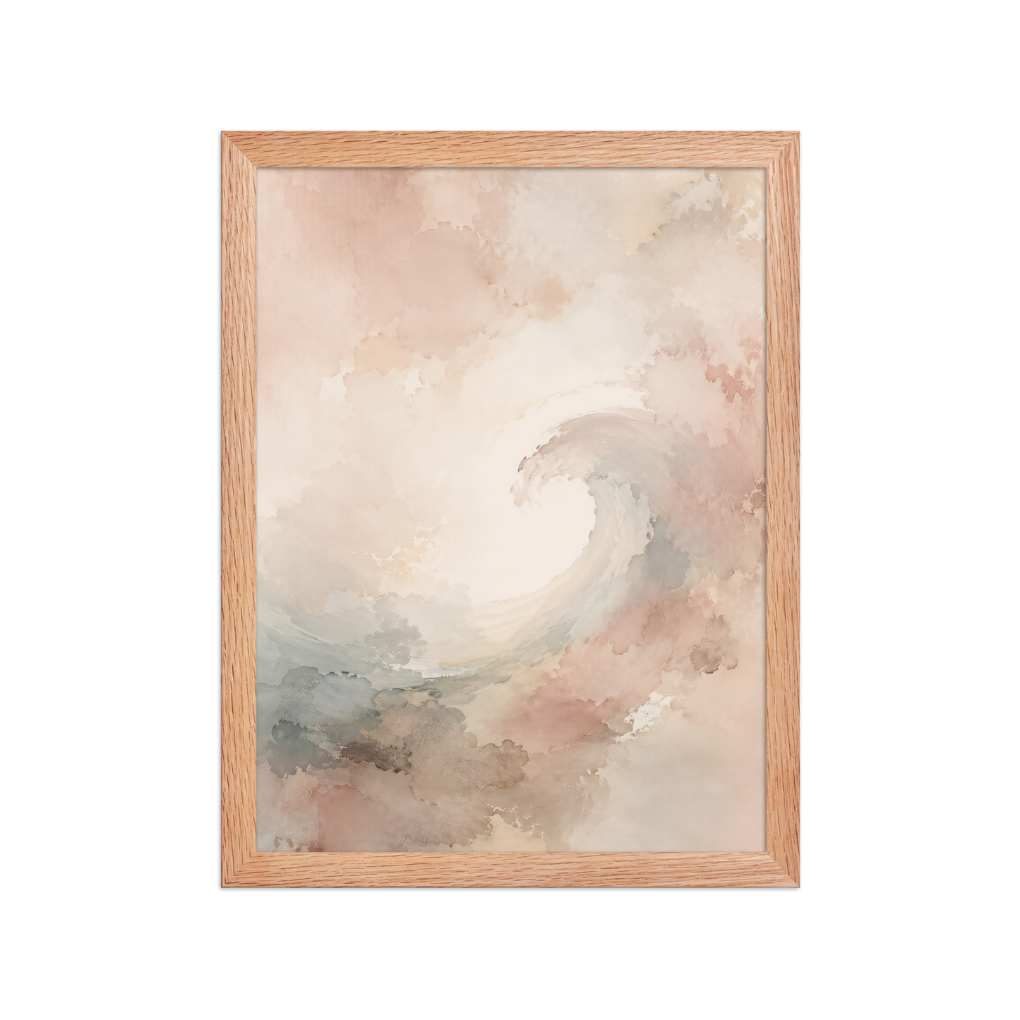 Framed ocean wave-inspired poster with flowing watercolor textures in blush, soft blue, and warm neutral tones.