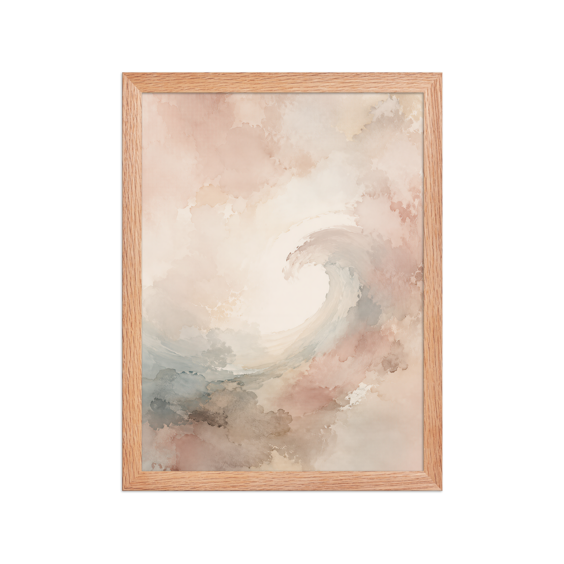 Framed ocean wave-inspired poster with flowing watercolor textures in blush, soft blue, and warm neutral tones.