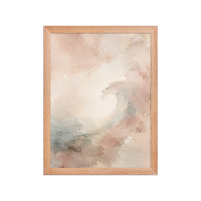 Framed ocean wave-inspired poster with flowing watercolor textures in blush, soft blue, and warm neutral tones.
