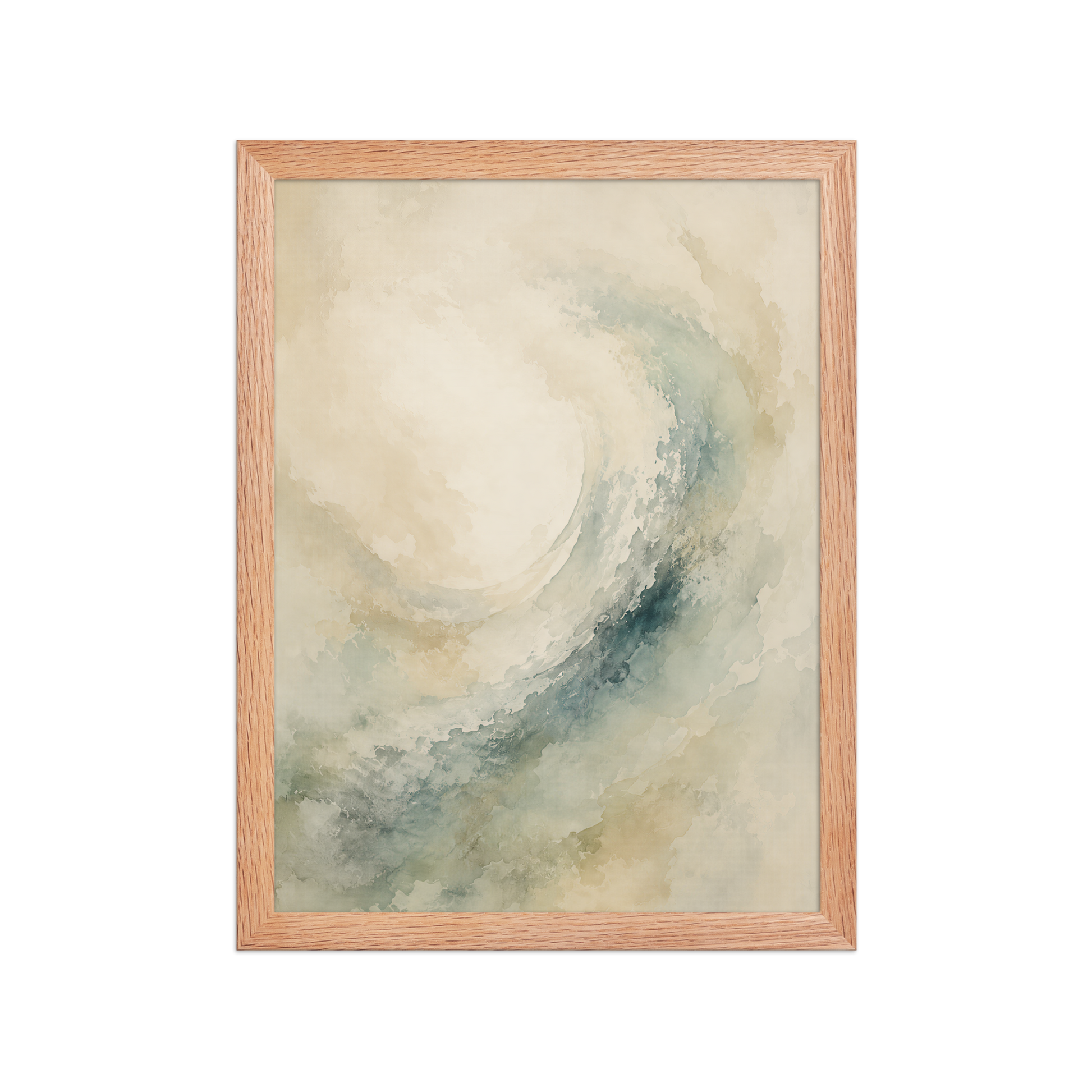 Framed ocean wave-inspired poster with flowing watercolor textures in soft blue, sage, and warm neutral tones.