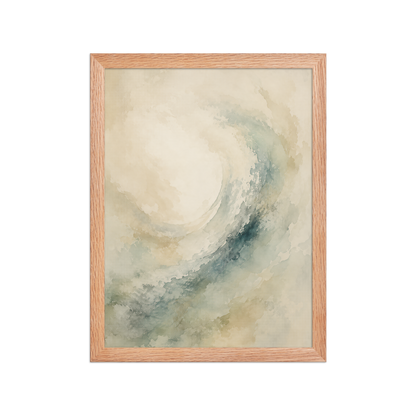 Framed ocean wave-inspired poster with flowing watercolor textures in soft blue, sage, and warm neutral tones.