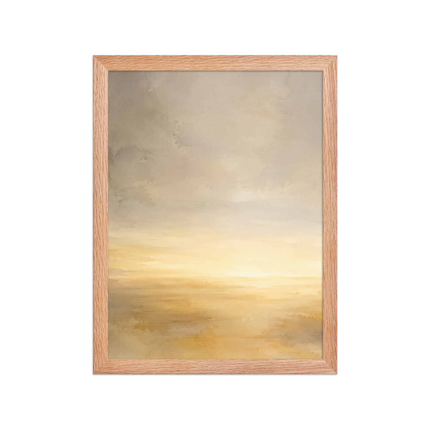 Framed sunrise poster featuring a glowing ocean horizon with soft watercolor textures in warm gold, ivory, and neutral tones.